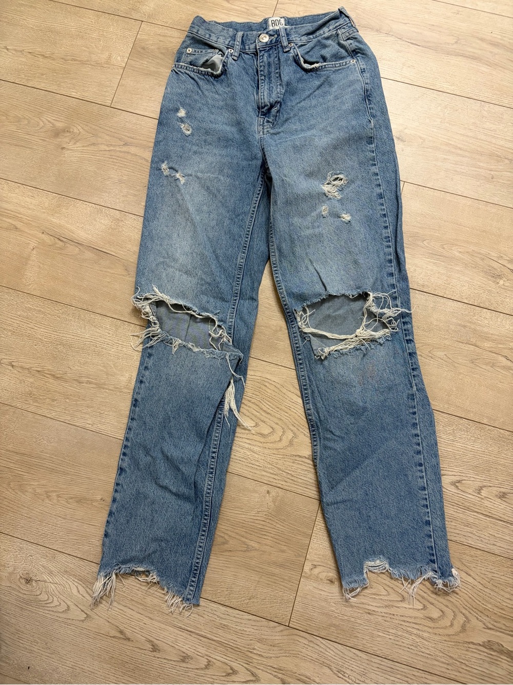 BDG Distressed Light Blue Boyfriend Jeans with Large Knee Rips